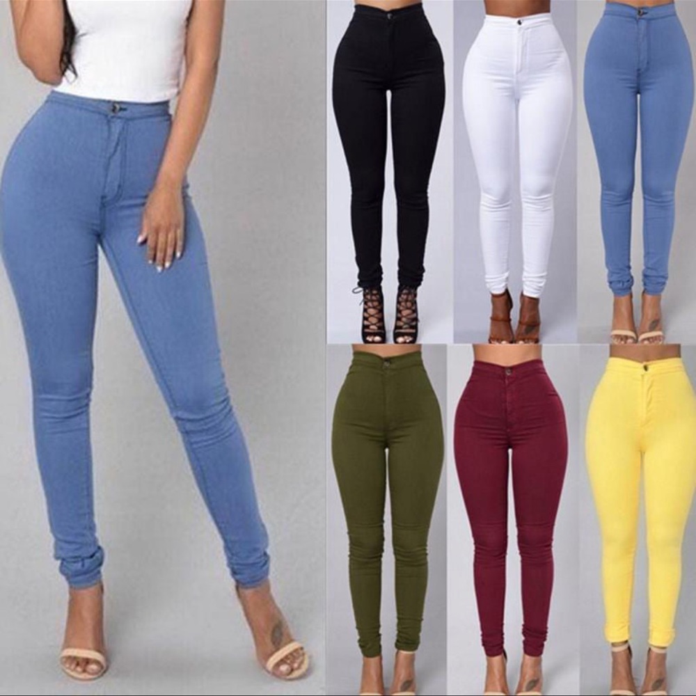 Casual denim pants for women high waist stretch slim